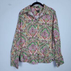 Talbots Women Artsy Button Up Paisley Top Sz 16 Green Stretch Mature Long Sleeve